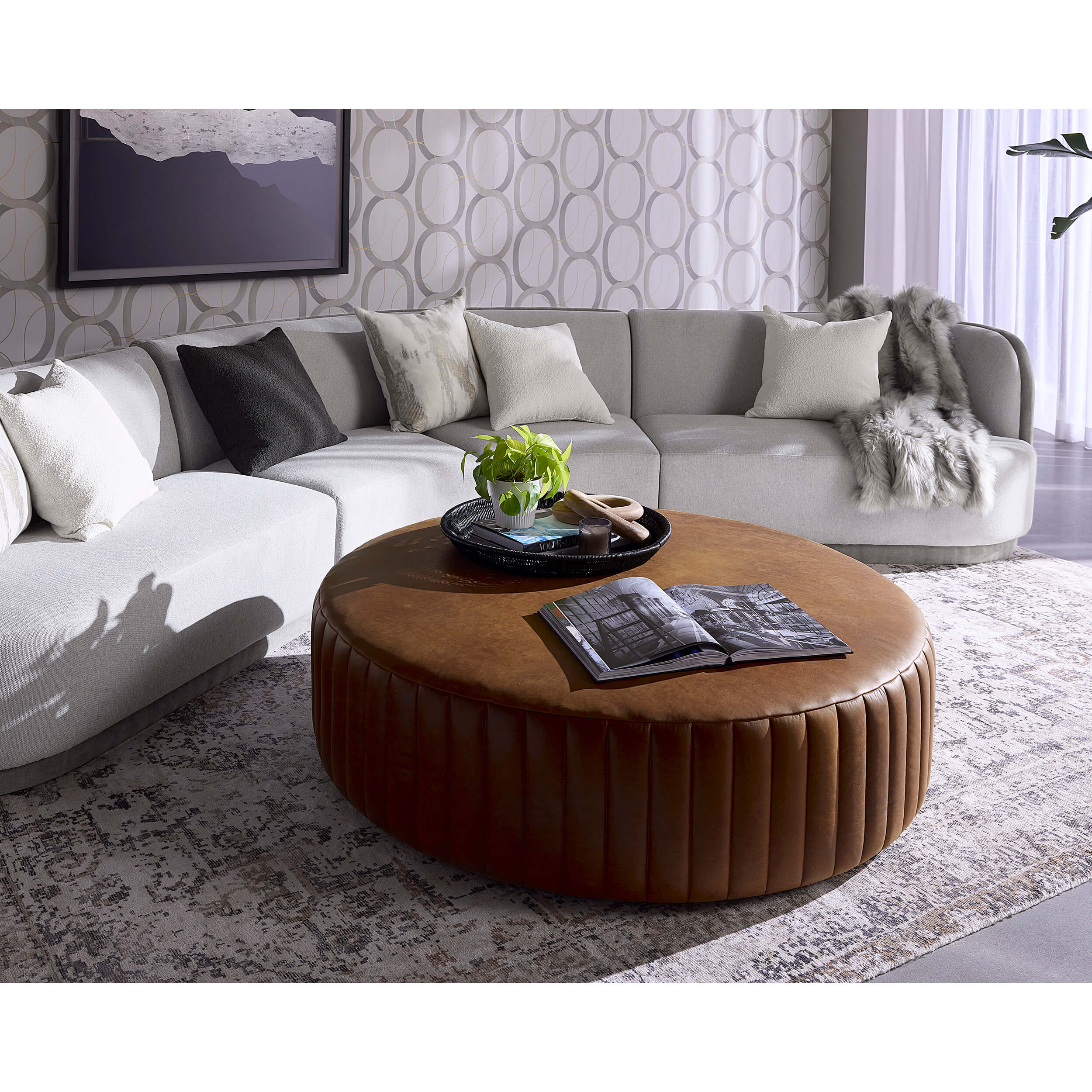 Divano Leather Ottoman, Aged Cognac - Image 4