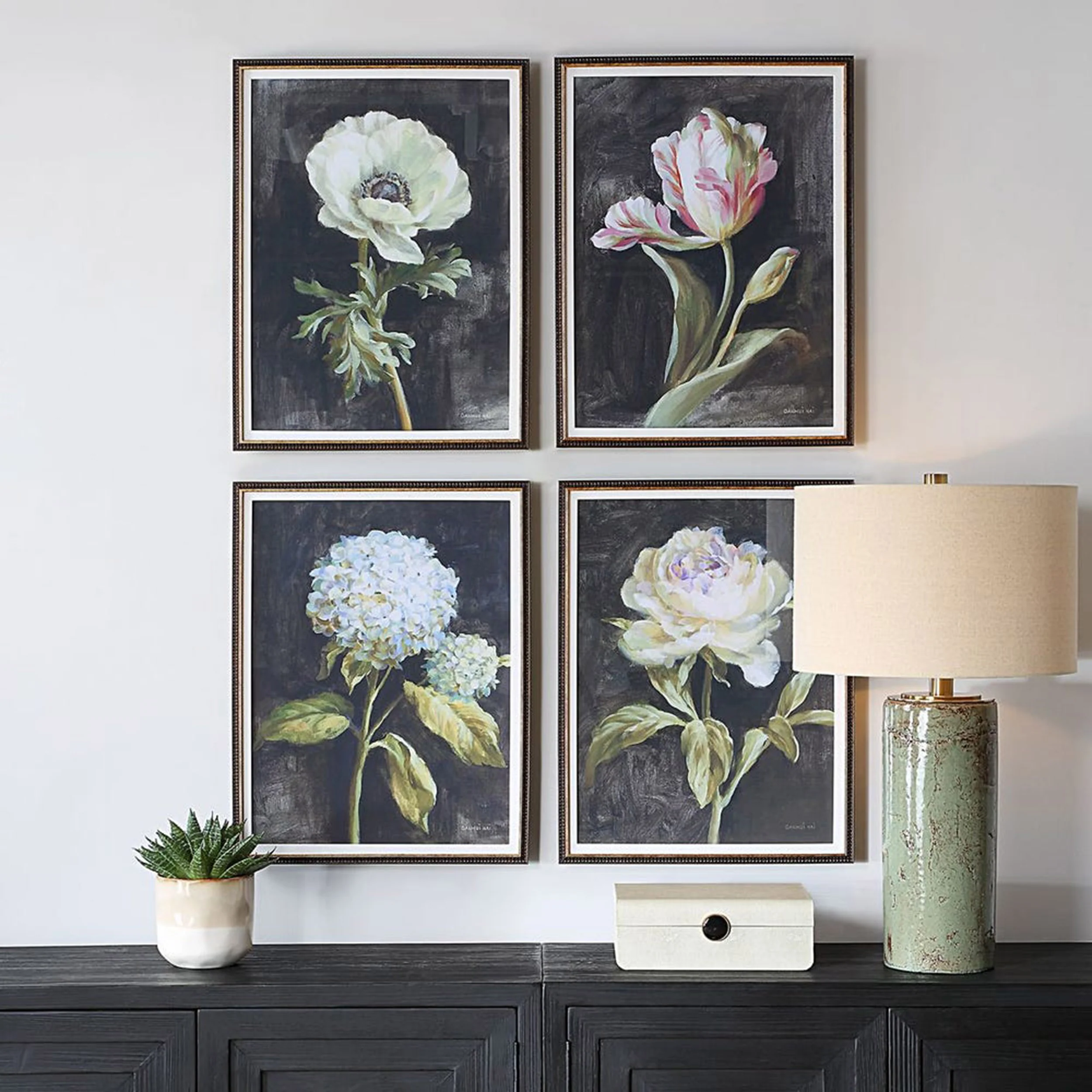 Florals On Black Framed Prints, Dark Brown, Set of 4 - Image 5