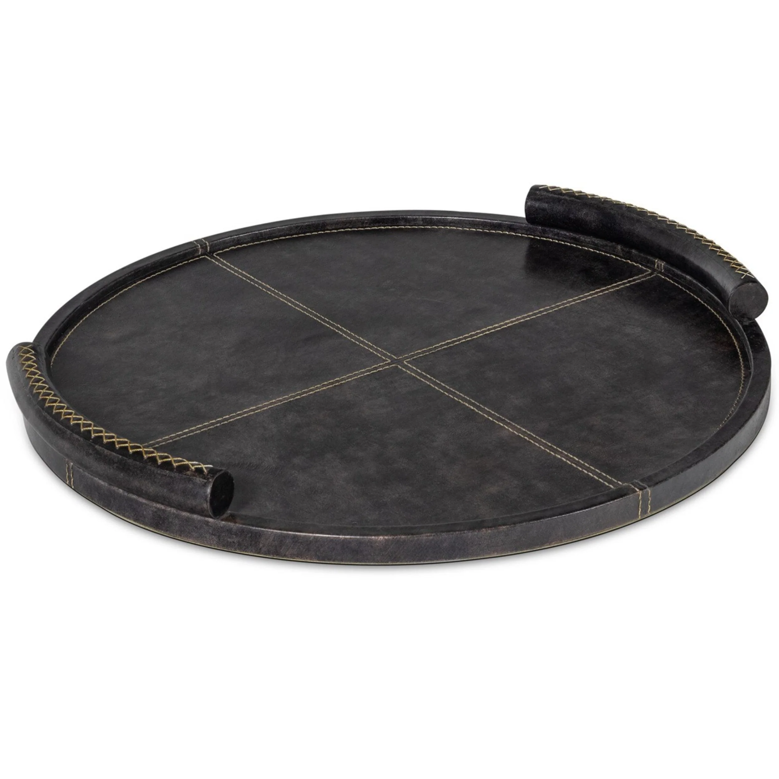 Forte Leather Round Tray w/ Leather Handle, Black