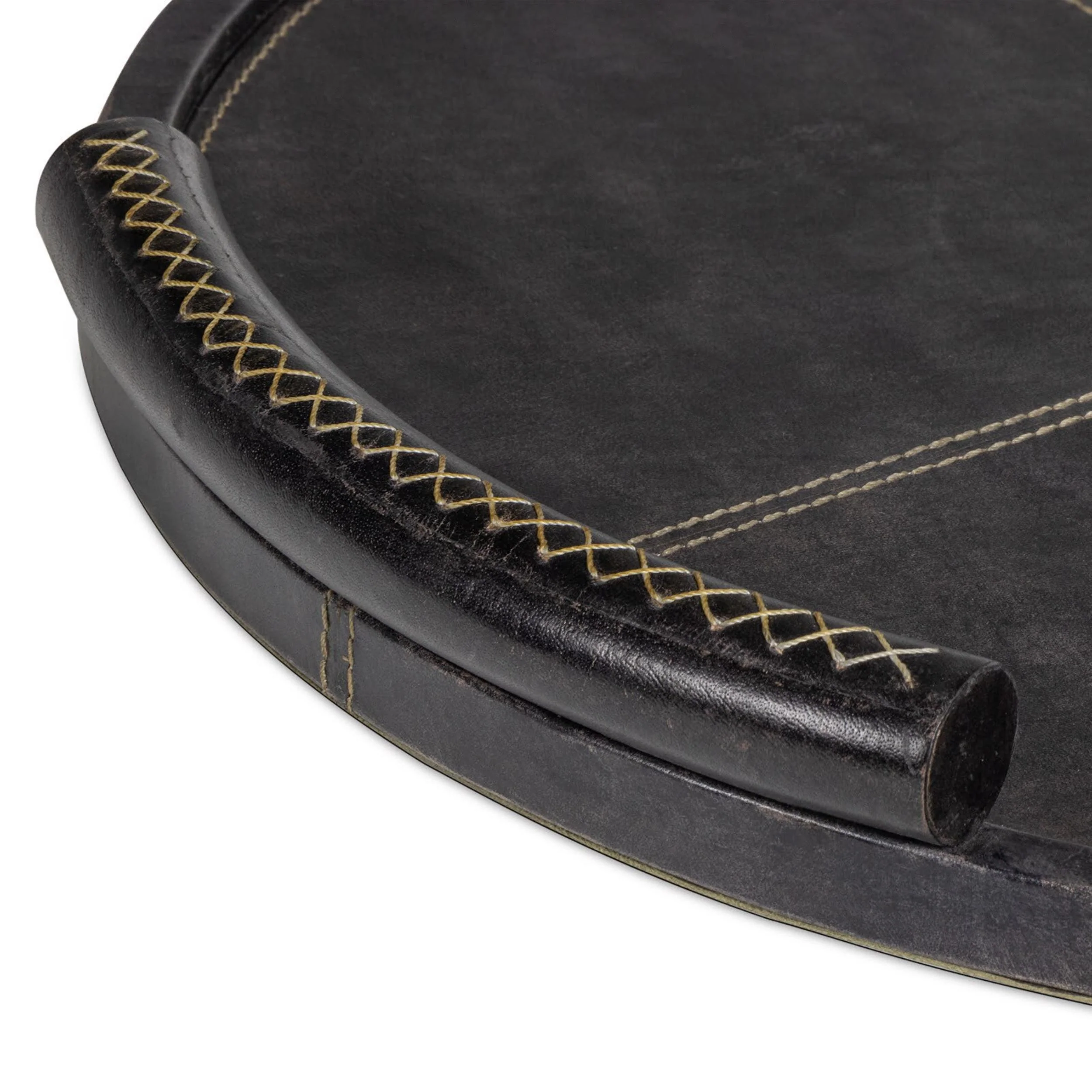 Forte Leather Round Tray w/ Leather Handle, Black - Image 4