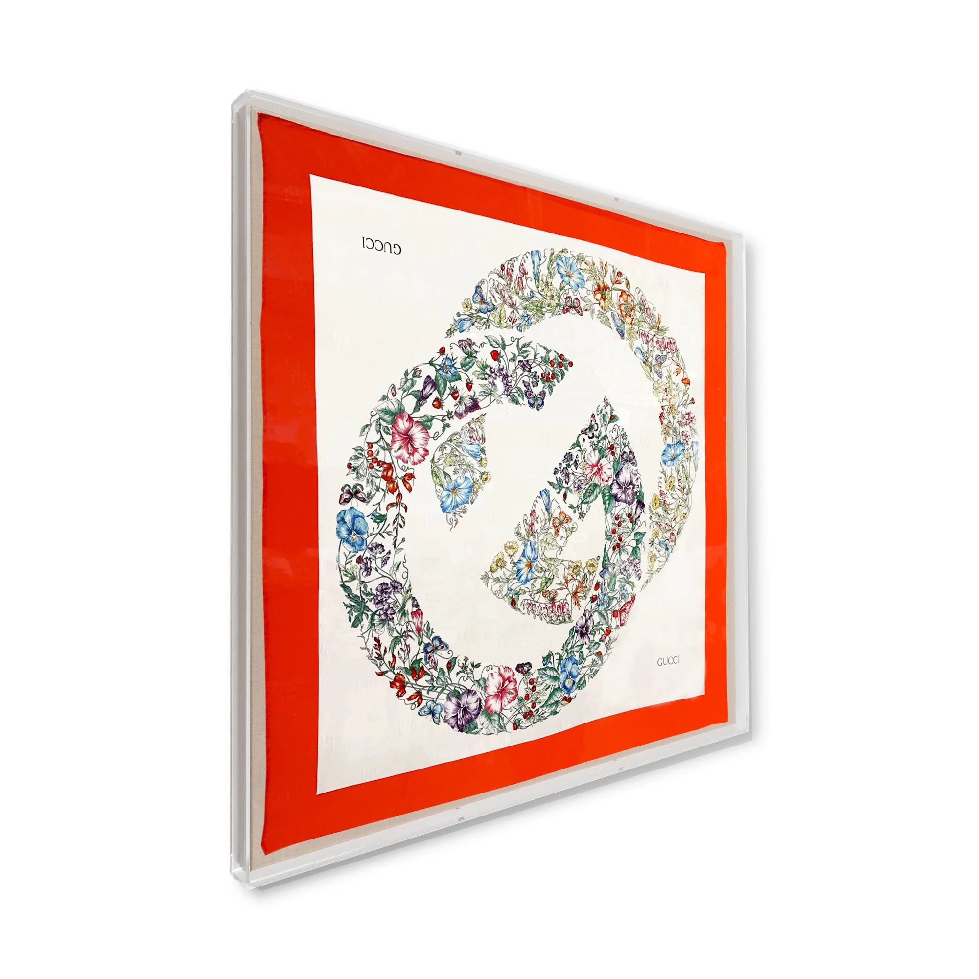 Framed Gucci Floral Red Border Scarf in a 36x36x2 Shadowbox - Image 2