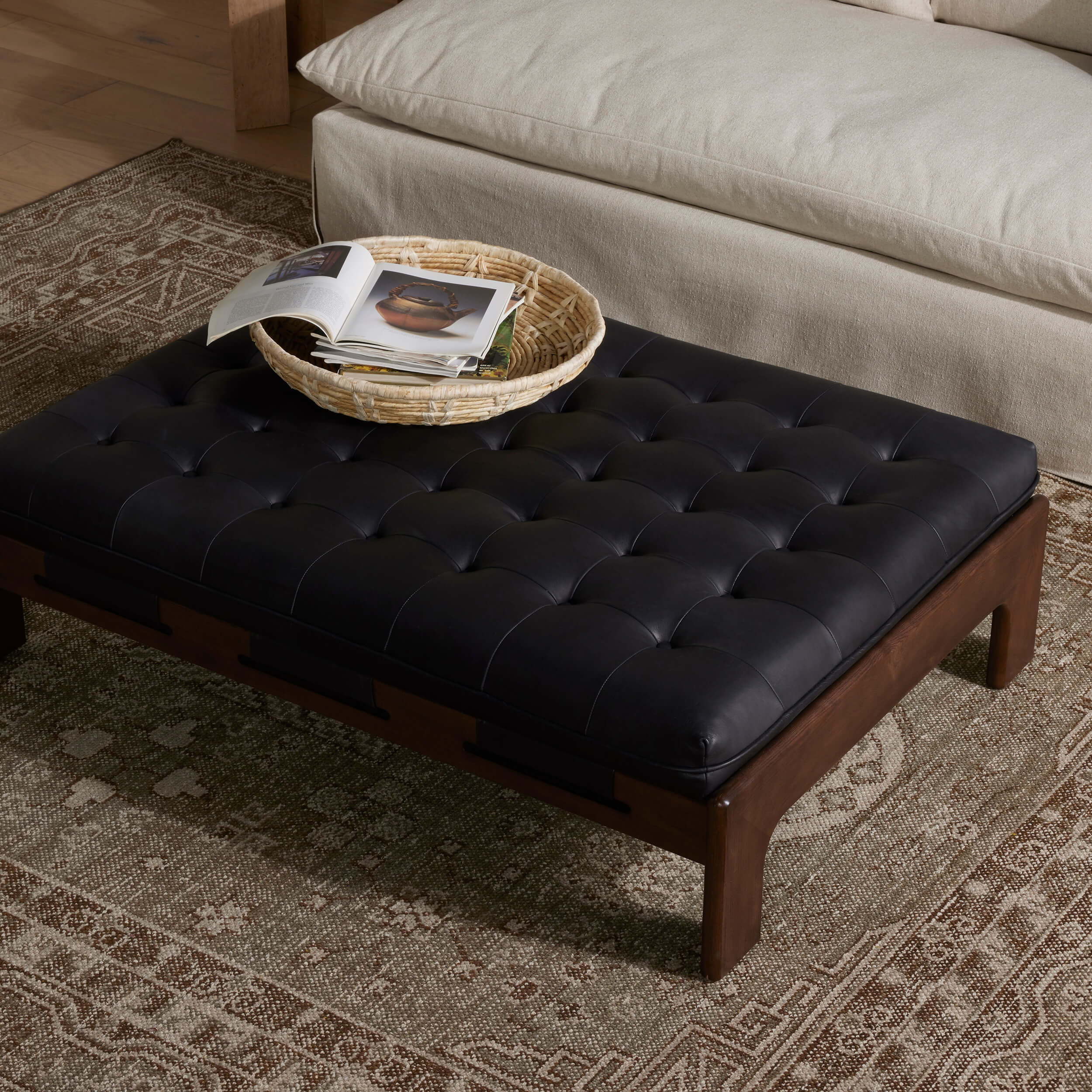Halston Leather Cocktail Ottoman, Heirloom Black by Four Hands - Image 4