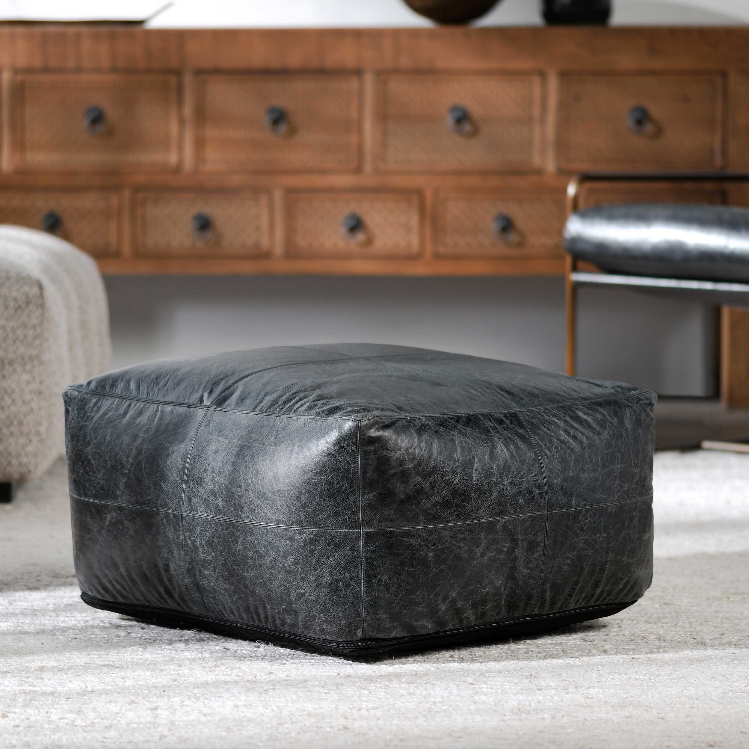 Leather Pouf, Onyx - Image 4
