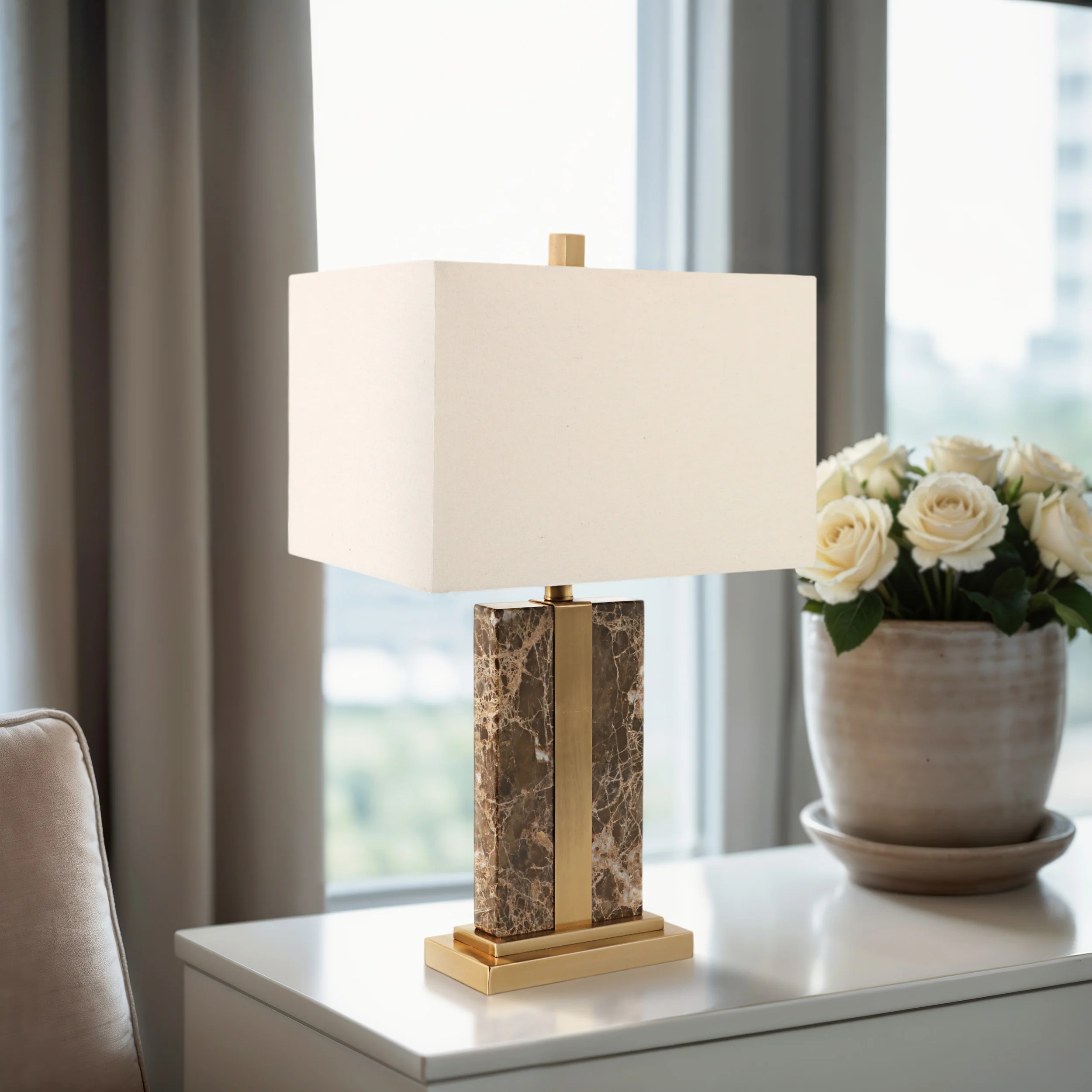 Marble Table Lamp w/Antique Brass, Brown - Image 5