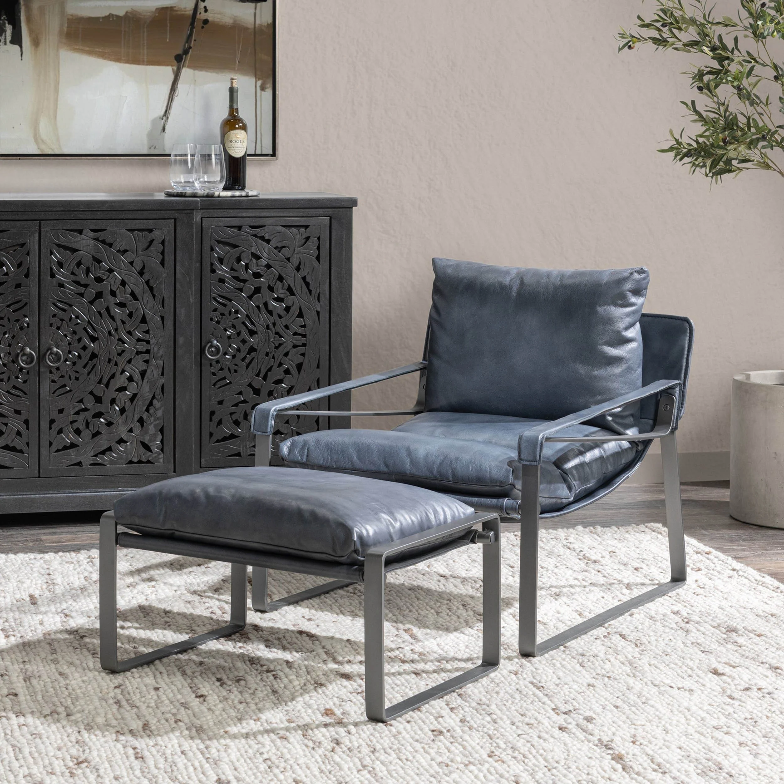 Morgan Leather Ottoman, Ocean Blue - Image 5