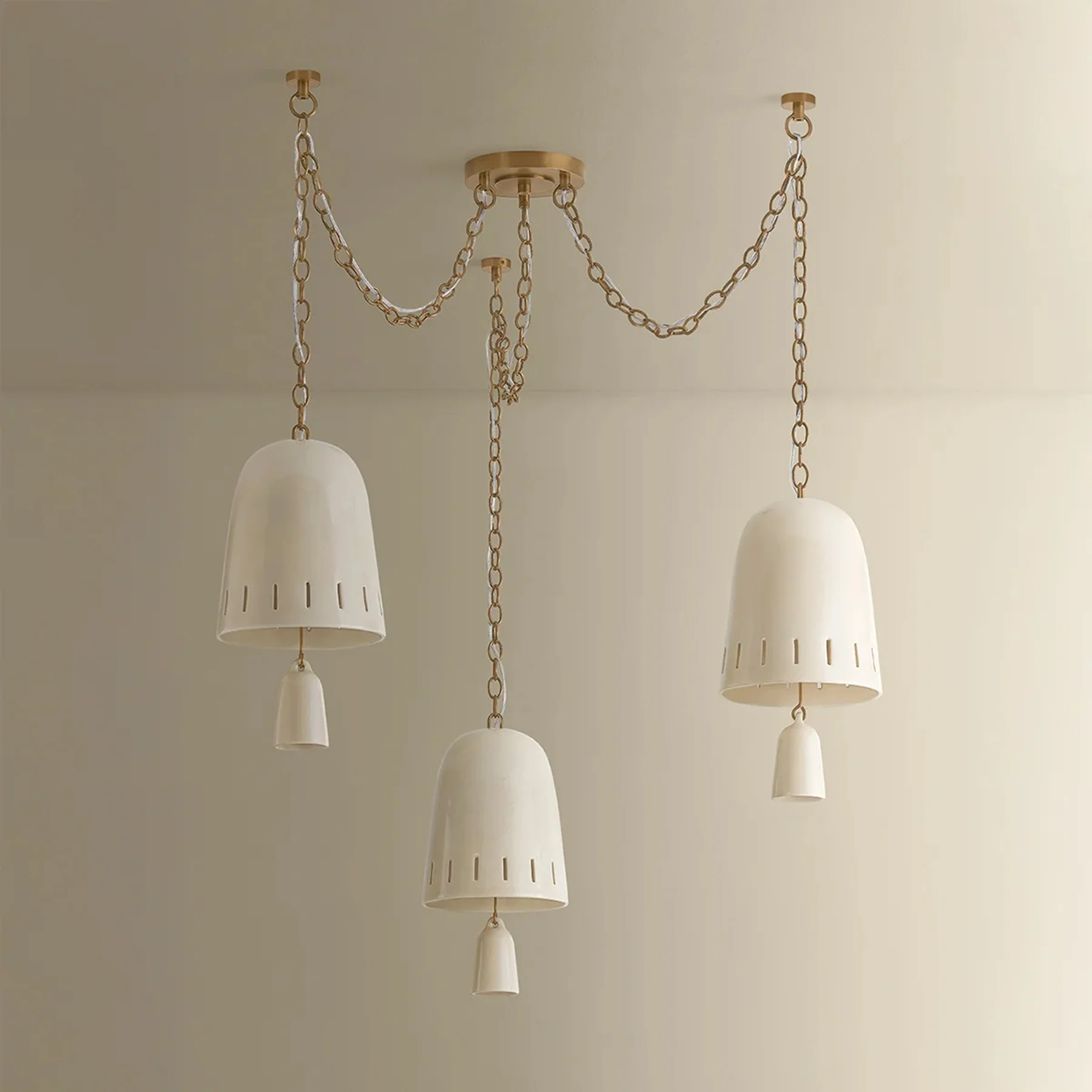 Omi 3 Light Chandelier, Patina Brass/Ceramic Ivory Crackle - Image 2