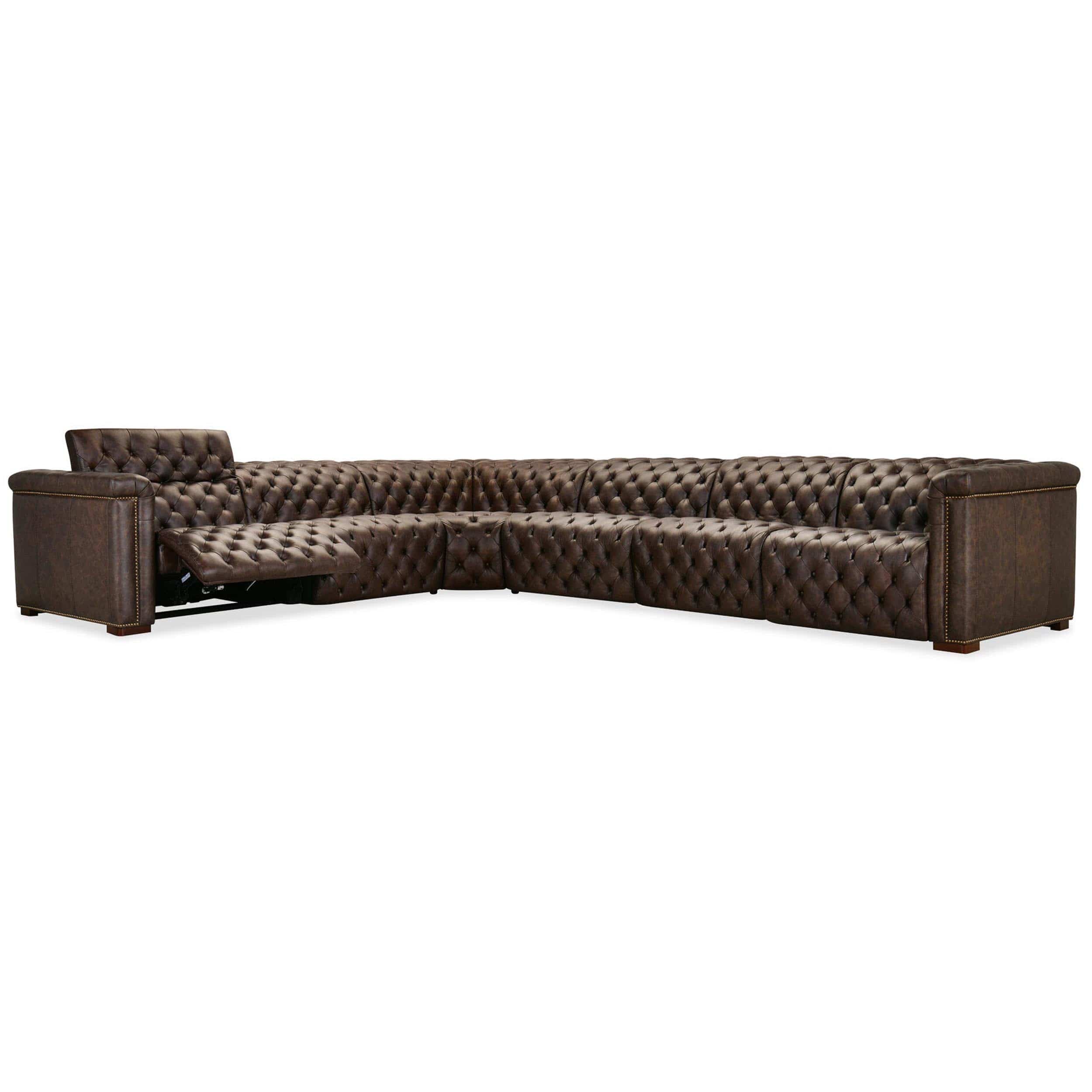 Savion Leather Deux 6 Seat Sectional w/ Three Power Recliners, West Saddlewood - Image 3